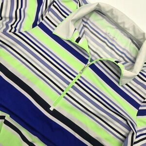 JoFit Womens XL Polo Shirt‎ Zip Blue Green Striped Short Sleeve stretchy Golf